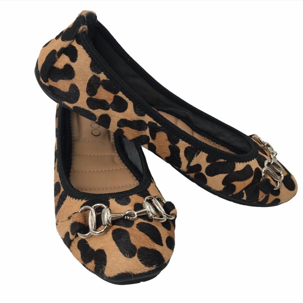 Girls Me Too Cow Hide Fur Leopard Print & snaffle- ballet flat memory foam
